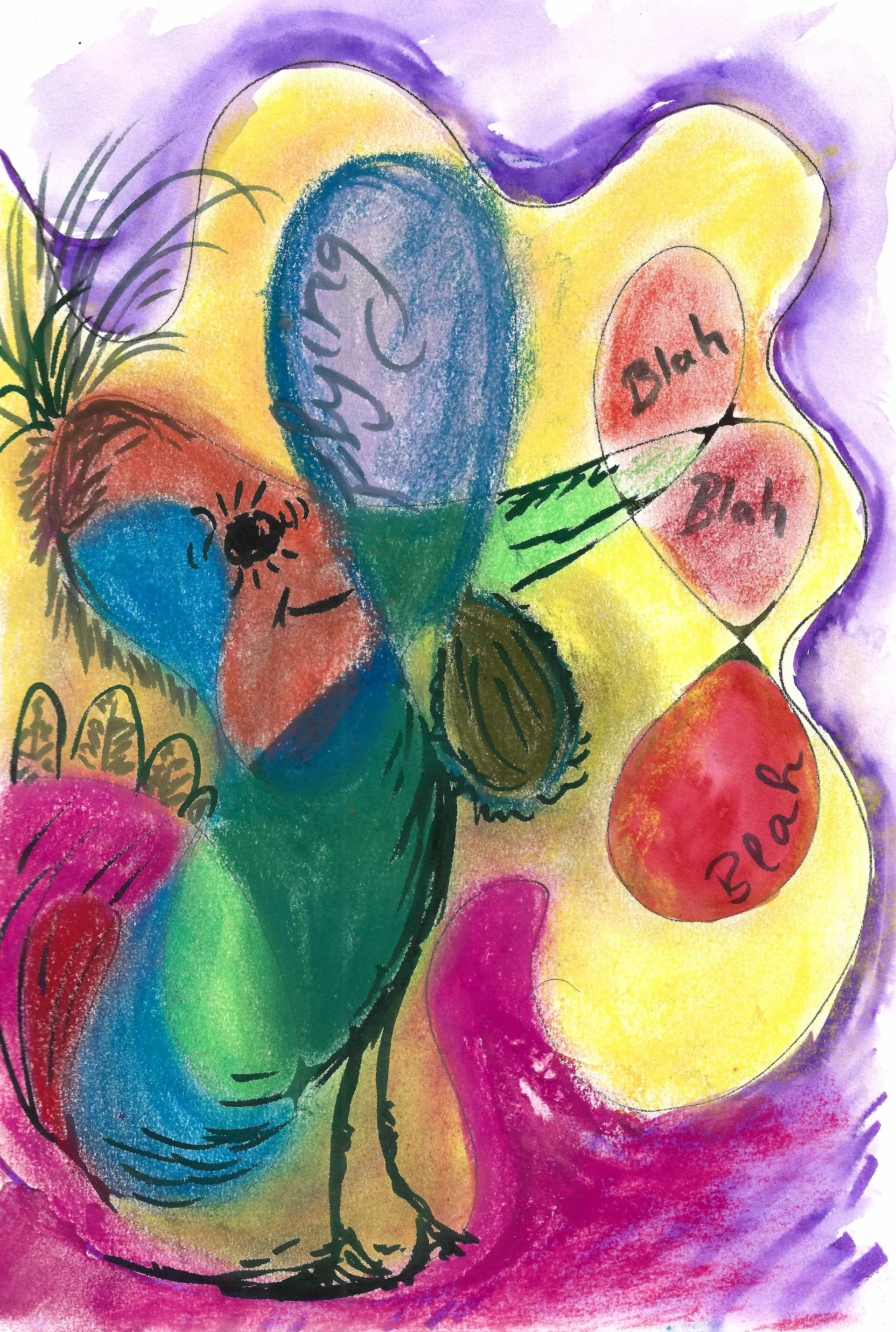 Abstract artwork of bird holding balloons