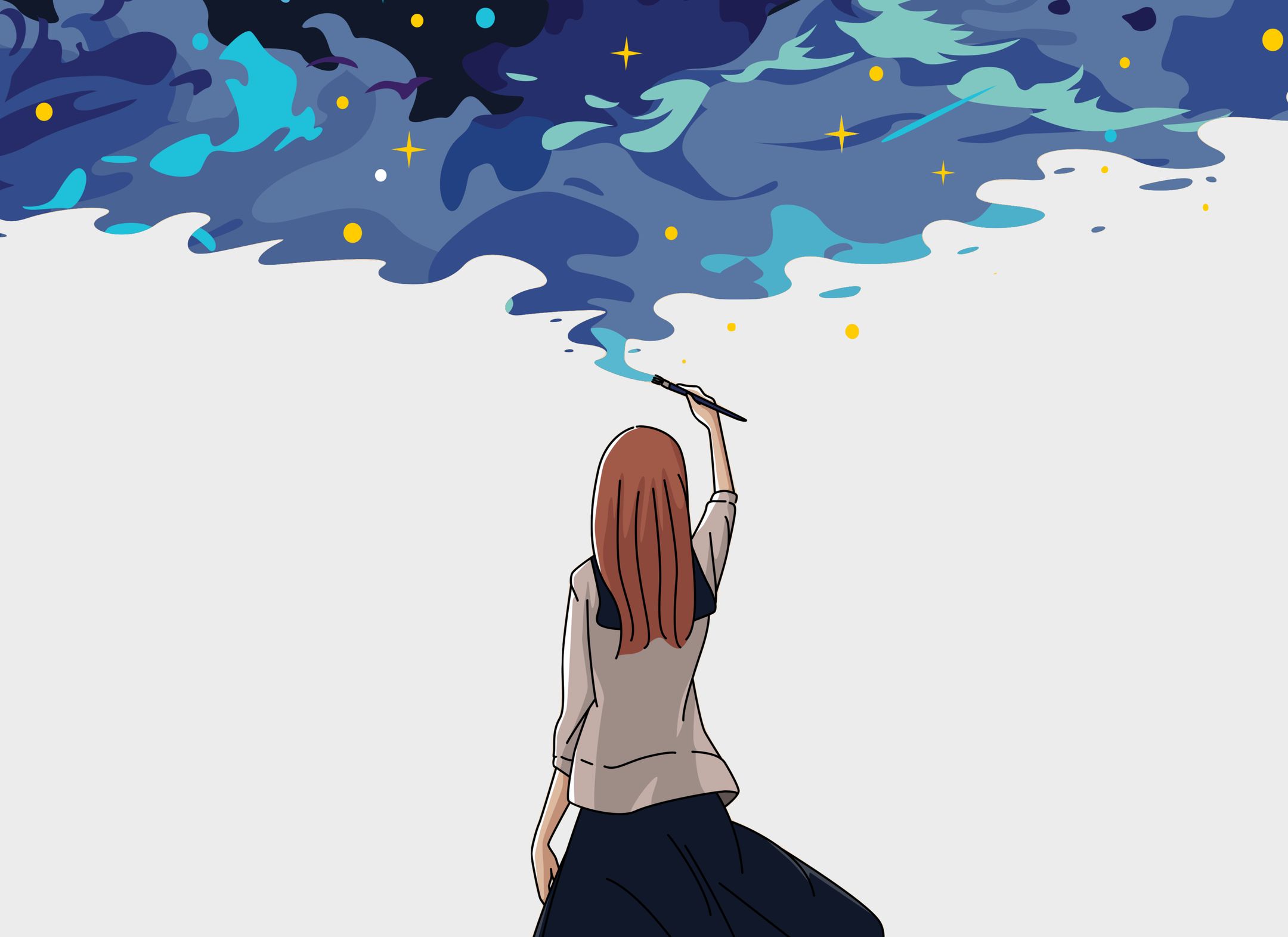 Illustration of a woman painting a starry sky, representing the creative psychotherapy process at the Billinudgel clinic.